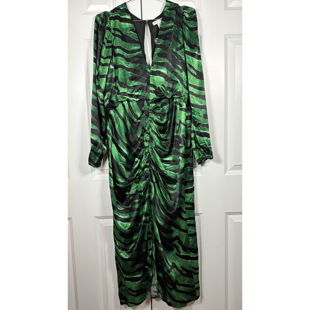 NWT Topshop Green Black Zebra Print Ruched V-Neck Midi Dress Long Sleeve sz12 - Picture 4 of 13